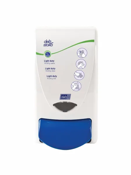 Deb Stoko Cleanse Light dispenser för krämsepa med rengöringseffekt, vit plast med blå tryckknapp, 1 L